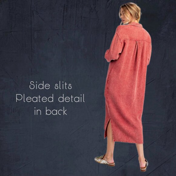 EASEL “Irresistible” Lux Mineral Washed Buttoned Relaxed Fit Shirt Dress Pockets - Picture 7 of 16